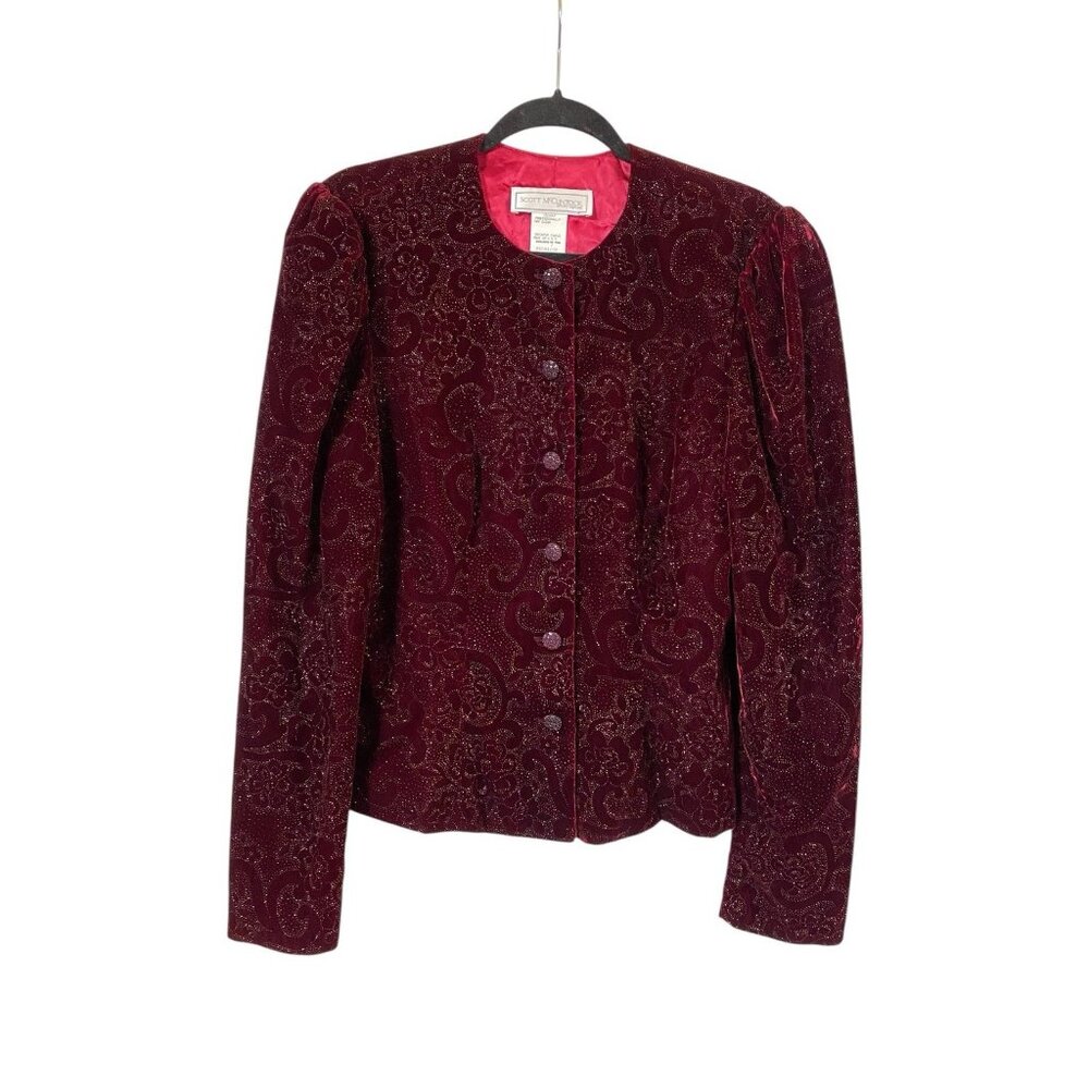 VTG‎ Scott McClintock Velvet Floral Glitter Pattern Blazer Jacket Burgundy Sz 12